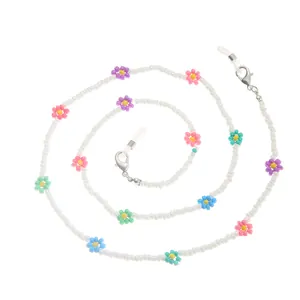 Catenina per occhiali fatta a mano con perline bianche e fiori colorati per donna