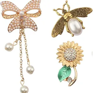 Three-piece set featuring butterfly tassel, pearl bee, and sunflower crystal brooches