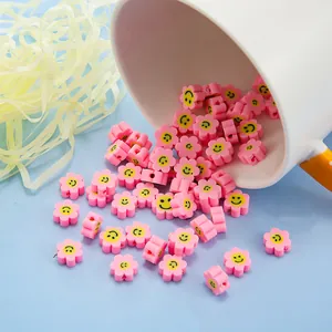 Perles en argile polymère en forme de fleur rose avec sourires pour bijoux DIY