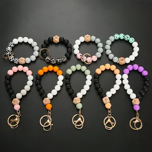 Silicone Beaded Keychain Wristlet For Women Evil Eye Wood Bead Bracelet Key Ring With Alloy Lobster Clasp Fashion Jewelry