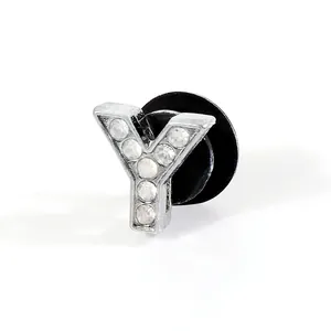 Detailed back view of silver letter Y clog charm with sparkling crystals and black plug