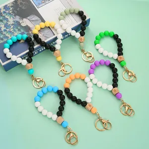 Silicone bead keychain bracelets with PU leather tassel and lobster clasp in six colors