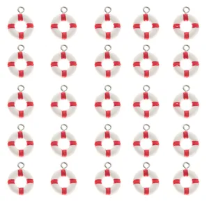 Set van 25 rood-witte reddingsboei bedeltjes van hars met zilveren ringen voor DIY