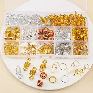 Detailed set of assorted gold and silver hair charms in a clear 15-grid storage organizer