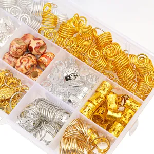 Gold and silver dreadlock hair accessories set with shell beads in a clear organizer box