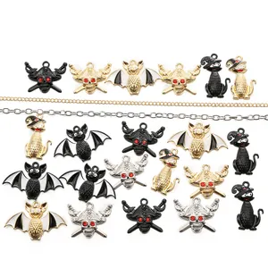 Halloween metal charms set with bat, cat and skull designs for DIY jewelry making