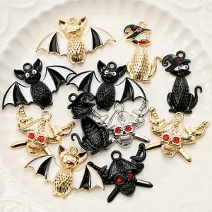 Halloween charm set featuring bat, cat and skull designs in enamel for DIY jewelry making