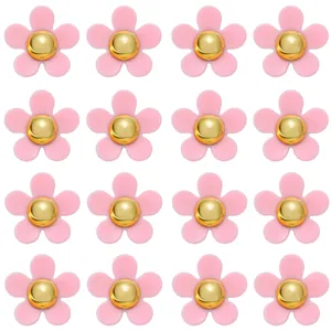 Set of 16 pink resin five-petal flower charms with gold metal centers for shoes and DIY crafts