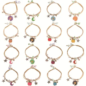 Handmade Korean Style Woven Cord Bracelet Ceramic Alloy Enamel Daisy Moon Apple Star Pendant Adjustable Jewelry For Women