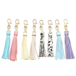 Set of 8 colorful PU leather tassel keychains with gold lobster clasps for bags