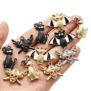 Halloween enamel charms set with bat, cat and skull designs for DIY jewelry making