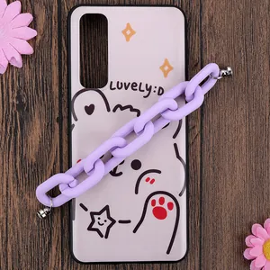 Detail of cute purple phone case with cartoon bear pattern and thick plastic chain strap