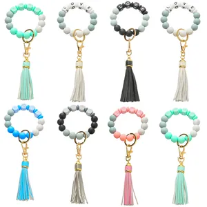 Damen Silikon Perlen Armreif Schlüsselanhänger Mit PU Leder Quaste LOVE Buchstaben Armband Schlüsselring Für Schlüssel Organisation Schmuck