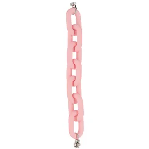 Macro detail of matte pink resin phone strap chain with silver metal ring connectors
