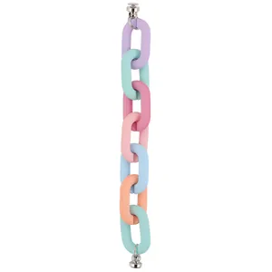 Macro detail of colorful macaron resin chain links with silver metal lobster clasps