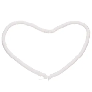 White Heishi bead handmade necklace arranged in a heart shape on white background