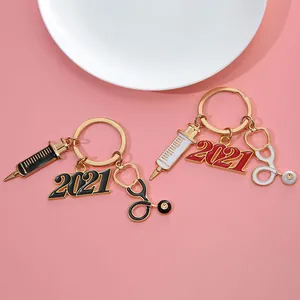Medical Theme Keychain Alloy Enamel Stethoscope Syringe Pendant Professional Nurse Gift Key Ring Hanging Ornament
