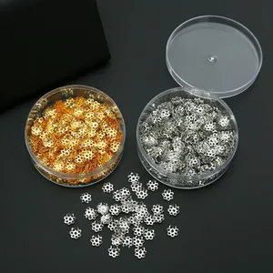 DIY gold and silver hollow flower bead caps for jewelry making in round plastic containers