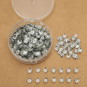 Silver flower bead caps set for DIY jewelry making with transparent storage box