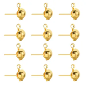 Detailed view of 12 gold-plated round stud earrings with loops for DIY jewelry making