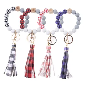 Silikonperlen Karierte Holzperlen Handgelenk Schlüsselanhänger Böser Blick Muster Schlüsselring Armband Mit PU Quaste Für Damen Mode