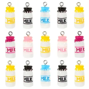 Macro shot of 15 colorful resin milk bottle pendants with silver loops in a grid layout