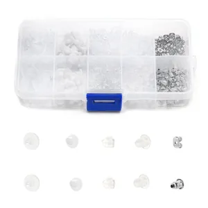 10-grid storage box with diverse earring backs including silicone and metal styles