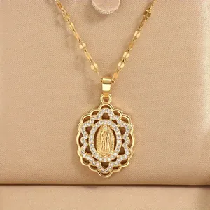 Vintage Vergoldet Kupfer Jungfrau Maria Ovaler Anhänger Halskette Mit Mikro-Eingelegten Weißen Zirkonia Für Damen Religiöser Schmuck