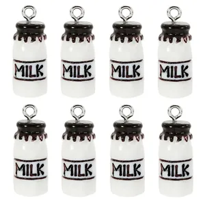 Set of eight creative 3D resin milk bottle charms with silver loops for DIY jewelry