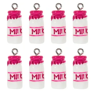 Macro detail of eight 3D resin milk bottle charms with silver metal rings for DIY jewelry