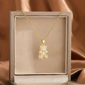 Fashion Copper Micro Inlaid Zirconia Teddy Bear Pendant Necklace Gold Plated Cute Animal Jewelry For Women Party Gift