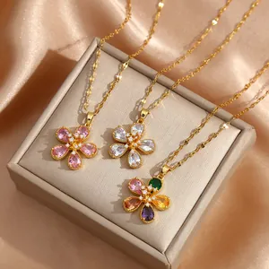 Elegant Copper Zirconia Five Petal Flower Pendant Necklace For Women Gold Plated Dainty Floral Jewelry Anniversary Gift