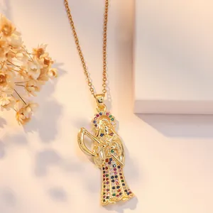 Golden Santa Muerte pendant necklace with colorful cubic zirconia and thin cross chain link