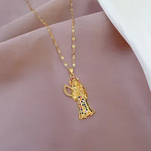 Gold Santa Muerte necklace with colorful zircons and scythe pendant for women
