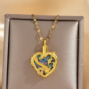 Gold Plated Copper Dolphin Heart Cremation Urn Necklace For Ashes Always In My Heart Engraved Blue Opal Inlaid Memorial Jewelry