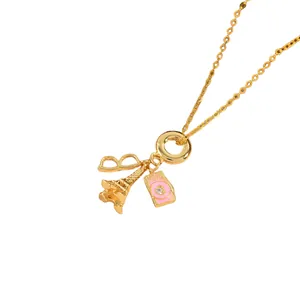 Collar dorado con colgantes de Torre Eiffel, gafas y cámara rosa para mujer