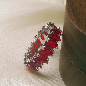 Copper Zirconia Marquise Cut Red Gemstone Flower Eternity Ring For Women Silver Plated Elegant Bridal Jewelry Finger Ring