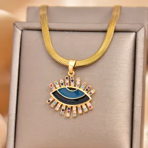 Women Gold Plated Copper Evil Eye Pendant Necklace With Multi Color Zircon Enamel Snake Bone Chain Hip Hop Jewelry Gift