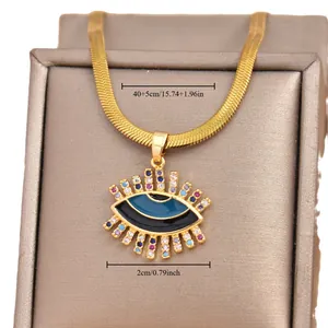 Golden snake chain necklace with multicolored zircon Evil Eye pendant 40+5cm length