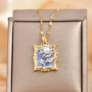 Collier Pendentif Cadre Photo Tournesol Bleu Vintage Plaqué Or Cuivre Zircone Perle Fleur Bijoux Pour Femmes Collier Élégant