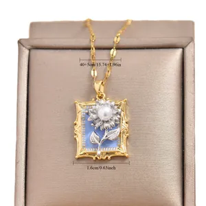 Collier pendentif peinture de tournesol bleu avec cadre doré, chaîne fine 40+5cm