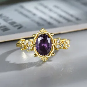 Women Vintage Copper Flower Ring With Zirconia Inlaid Luxury Rhinestone Adjustable Finger Ring For Wedding Party Jewelry