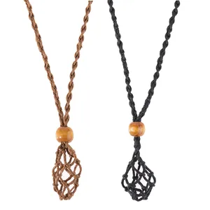 Close-up of handmade brown and black woven cord necklace with adjustable wooden bead