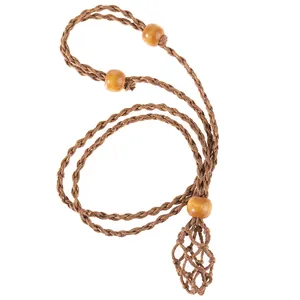 Detail of adjustable hand-woven brown wax cord with wooden beads and stone mesh pouch