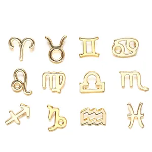Macro view of twelve golden alloy zodiac charms with hollow-out designs for jewelry DIY