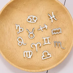 Detailed view of twelve silver zodiac sign charms for DIY jewelry making on a wooden tray
