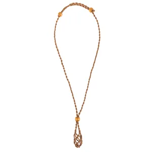 Detail of handcrafted brown woven net pouch necklace with decorative wood beads