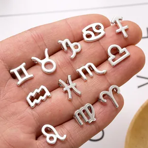 Macro shot of twelve silver zodiac charms held by hand showing precise DIY craft details