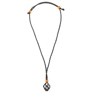 Handmade black woven cord necklace with wooden beads and a mesh net pendant holder