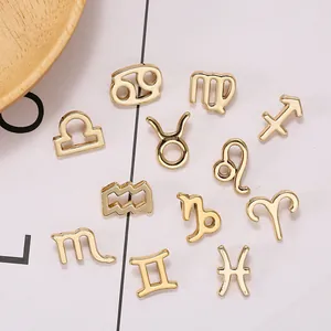 Macro shot of twelve golden zodiac signs alloy pendants for DIY jewelry making sets